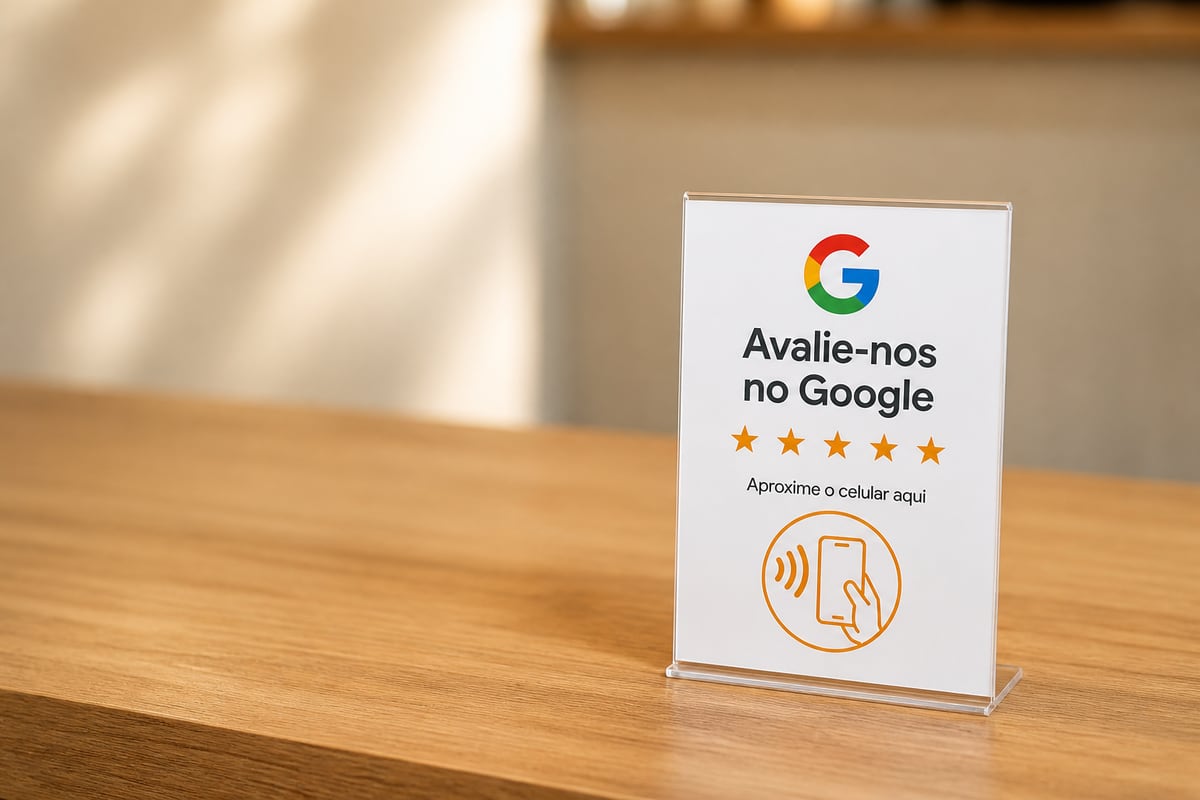 Display de avaliação no Google em acrílico transparente sobre um balcão de madeira, com a área de aproximação do celular