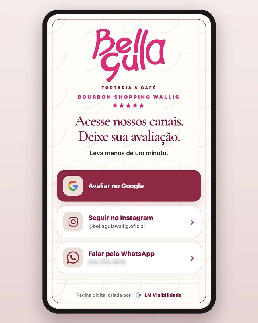 Página digital aberta no celular, com botões para avaliar no Google, seguir no Instagram e falar pelo WhatsApp